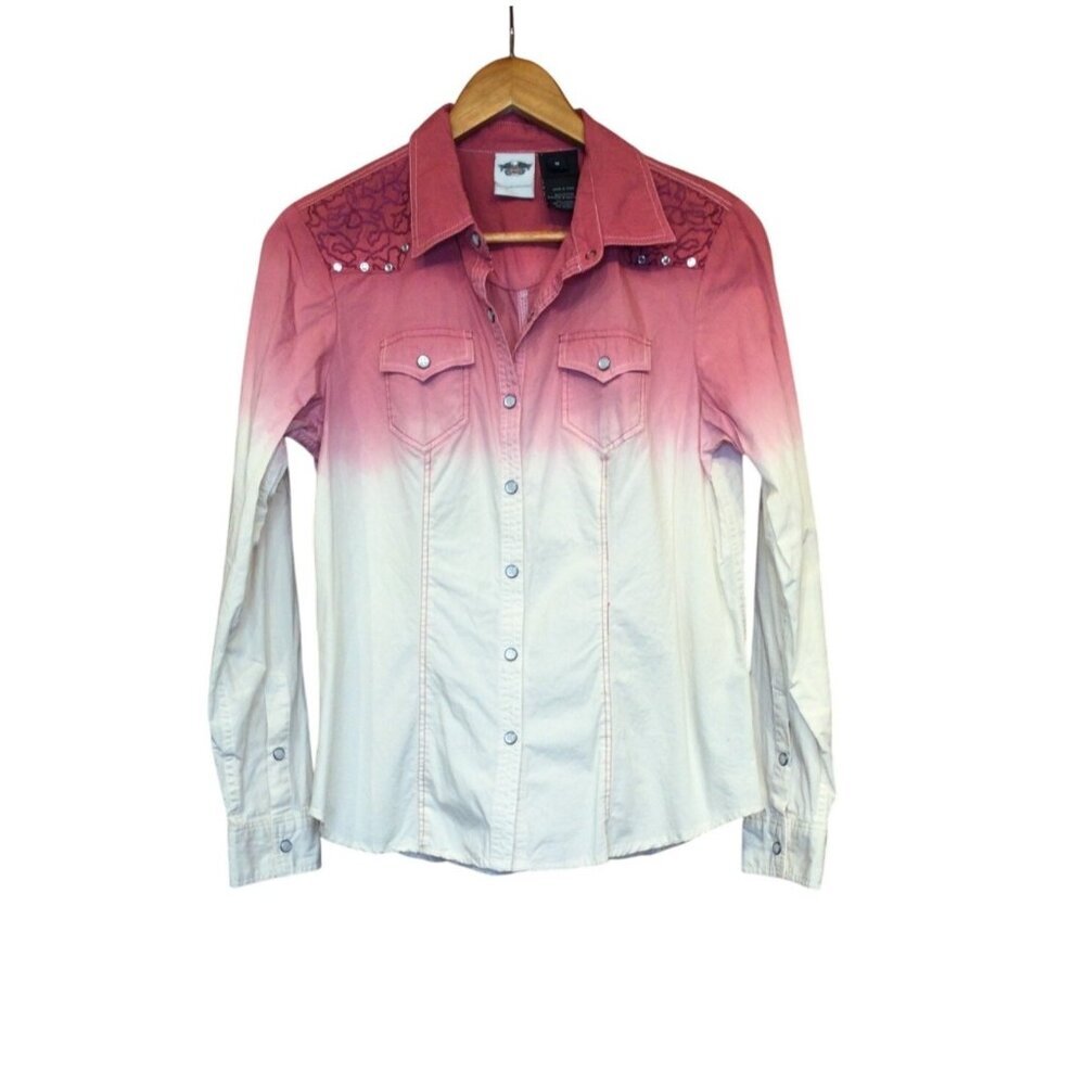 Harley Davidson Womens Pink & White Ombre Western Shirt Size M Bling Biker Chic